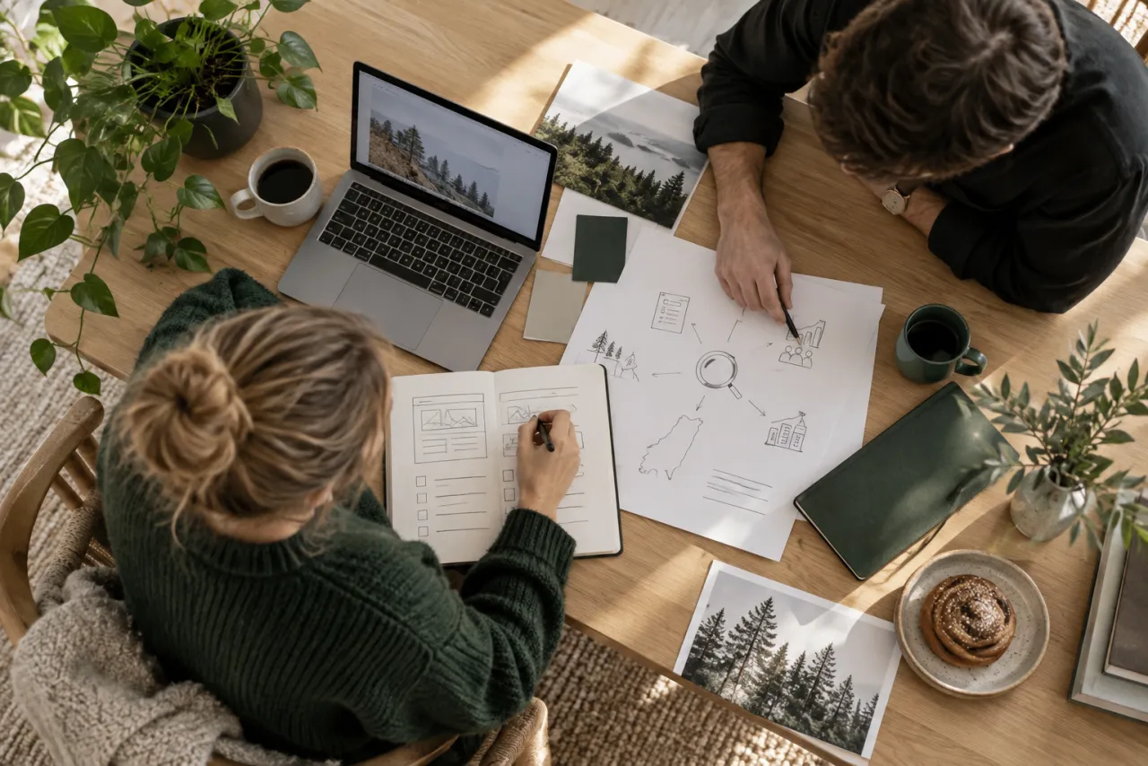 Illustration av samarbete vid ett bord i en skandinavisk studio.