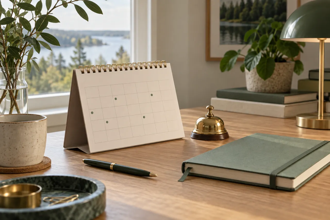 Illustration av en kalender, en klocka och en grön anteckningsbok.