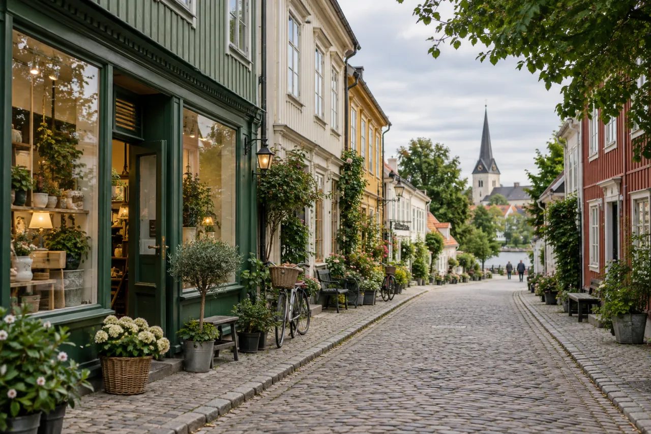 Illustration av en svensk småstadsgata med butiker och cyklar.