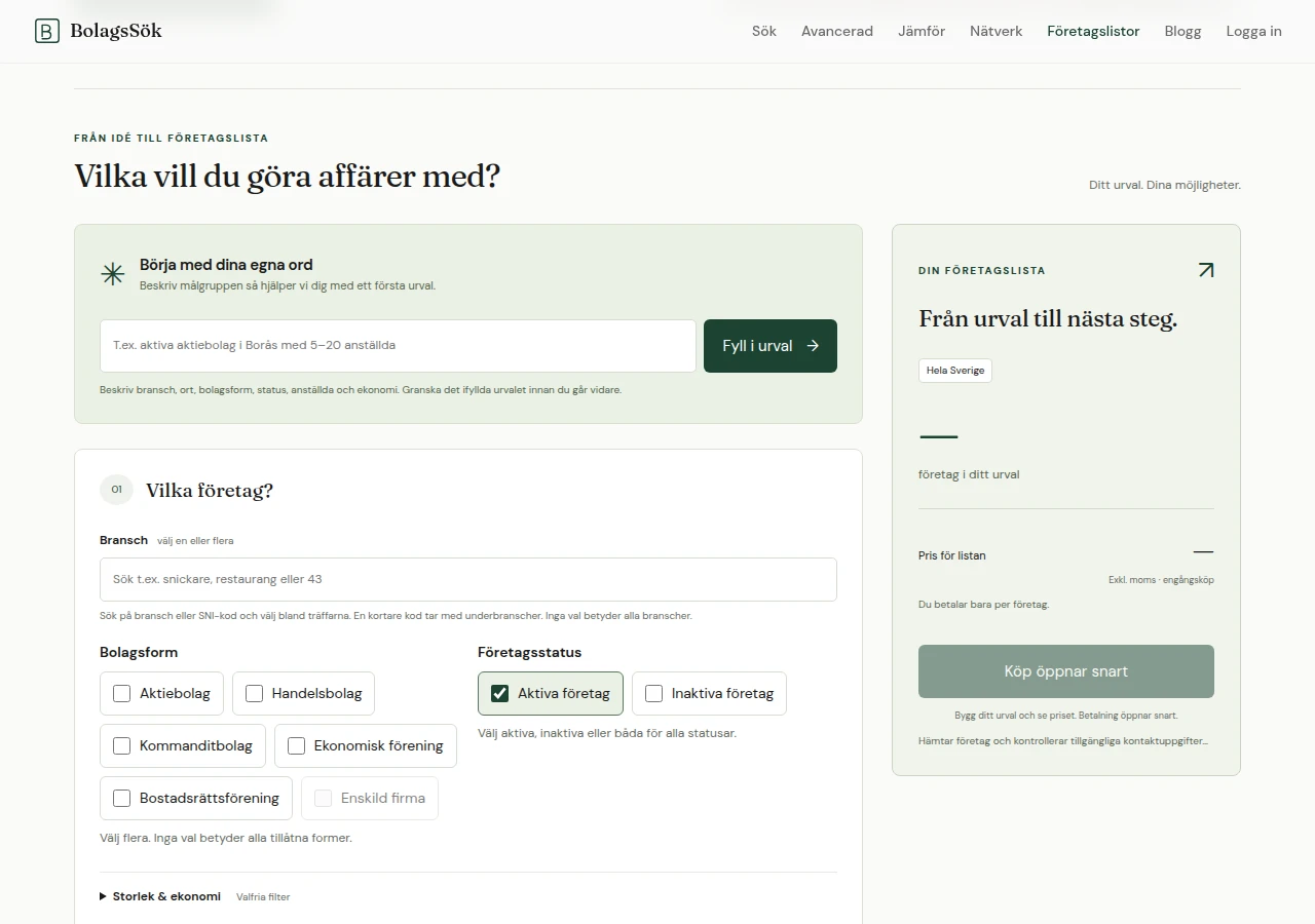 Verktyget Bygg din företagslista med filter för målgruppen.